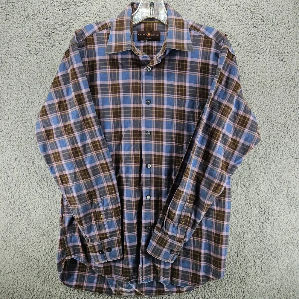 Robert Talbott Classic Long Sleeve Button‎ Shirt Men's Size M Blue Check Plaid